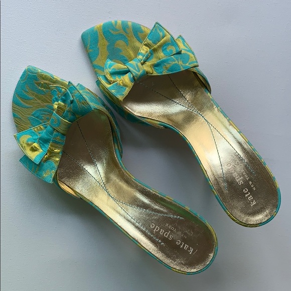 Kate Spade Bow Heel Green Blue Brocade Sandals - Picture 13 of 16